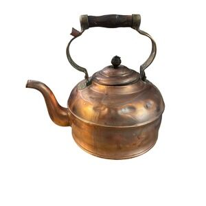Vintage Copper Tea Kettle Wood Handle Rustic Farmhouse Kitchen Decor